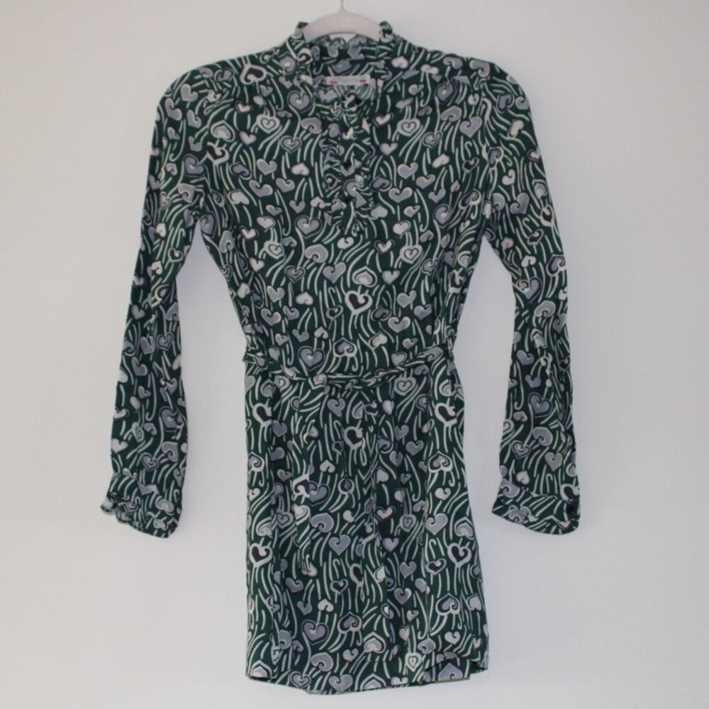 Bonpoint Jeanne Long Sleeve Shirt Dress Green Heart Print Belted Viscose‎ 12